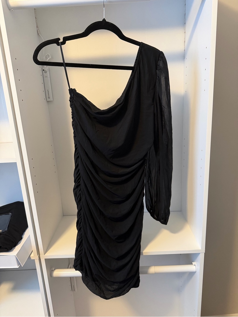 Black One Shoulder Ruched Mini Dress Size L NWT